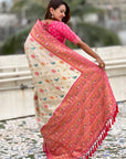 Cream Soft Patola Lehehriya Zari Woven Contrast Silk Saree