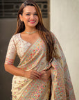 Cream Pashmina Silk with detailed Meenakari Zari Woven Saree