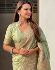 Pista Green Pashmina Silk with detailed Meenakari Zari Woven Saree