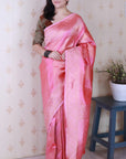 Baby Pink Soft Silk Leheriya Pattern Zari Woven Saree