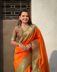 Orange Tissue Silk Contrarst Zari Woven Saree with Patola Pallu