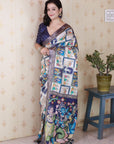 Navy Blue Tussar Silk Detailed Kalamkari Figure Printed Saree with Zari Woven Border