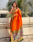 Orange Tissue Silk Contrarst Zari Woven Saree with Patola Pallu