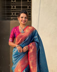 Blue Tissue Silk Contrarst Zari Woven Saree with Patola Pallu
