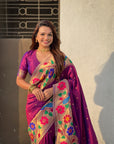 Wine Paithani Silk with Floral & Peacock Big Border Saree
