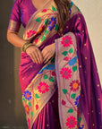 Wine Paithani Silk with Floral & Peacock Big Border Saree