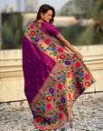 Wine Paithani Silk with Floral & Peacock Big Border Saree