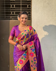Purple(Red Tone) Paithani Silk with Floral & Peacock Big Border Saree