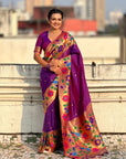 Purple(Red Tone) Paithani Silk with Floral & Peacock Big Border Saree