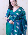 Peacock Blue Soft Silk Dual Zari Woven Saree with Birds Border
