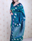 Peacock Blue Soft Silk Dual Zari Woven Saree with Birds Border