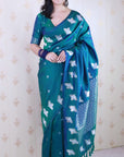 Peacock Blue Soft Silk Dual Zari Woven Saree with Birds Border