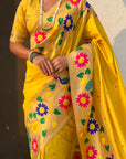 Yellow Paithani Silk with Floral & Peacock Big Border Saree