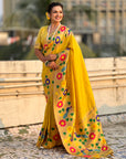 Yellow Paithani Silk with Floral & Peacock Big Border Saree