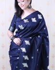 Navy Blue Soft Silk Dual Zari Woven Saree with Birds Border
