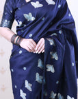 Navy Blue Soft Silk Dual Zari Woven Saree with Birds Border