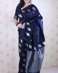 Navy Blue Soft Silk Dual Zari Woven Saree with Birds Border