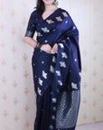 Navy Blue Soft Silk Dual Zari Woven Saree with Birds Border