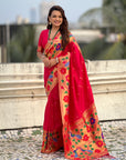Red Paithani Silk with Floral & Peacock Big Border Saree