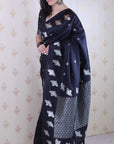Black Soft Silk Dual Zari Woven Saree with Birds Border