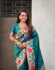 Peacock Blue Paithani Silk with Floral & Peacock Big Border Saree
