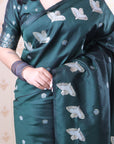Bottle Green Soft Silk Dual Zari Woven Saree with Birds Border