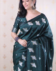 Bottle Green Soft Silk Dual Zari Woven Saree with Birds Border