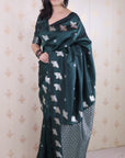 Bottle Green Soft Silk Dual Zari Woven Saree with Birds Border