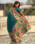 Peacock Blue Paithani Silk with Floral & Peacock Big Border Saree