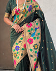 Bottle Green Paithani Silk with Floral & Peacock Big Border Saree