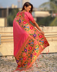 Light Pink Paithani Silk with Floral & Peacock Big Border Saree