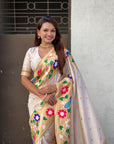 Cream Paithani Silk with Floral & Peacock Big Border Saree