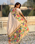 Cream Paithani Silk with Floral & Peacock Big Border Saree