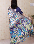 Navy Blue Tussar Silk Detailed Kalamkari Figure Printed Saree with Zari Woven Border