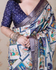 Navy Blue Tussar Silk Detailed Kalamkari Figure Printed Saree with Zari Woven Border