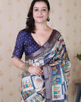 Navy Blue Tussar Silk Detailed Kalamkari Figure Printed Saree with Zari Woven Border