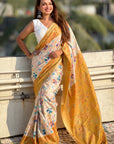 Gold Tussar Silk Floral Kalamkari Printed Saree with Zari Woven Border