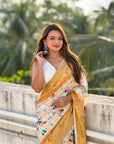Gold Tussar Silk Floral Kalamkari Printed Saree with Zari Woven Border