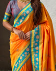 Orange Soft Traditional Silk Saree with Zari Woven Cow Motifs and Pichwai Pallu