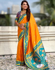 Orange Soft Traditional Silk Saree with Zari Woven Cow Motifs and Pichwai Pallu