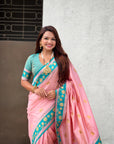 Light Pink Soft Traditional Silk Saree with Zari Woven Cow Motifs and Pichwai Pallu