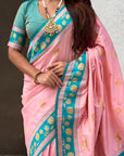 Light Pink Soft Traditional Silk Saree with Zari Woven Cow Motifs and Pichwai Pallu