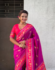 Magenta Soft Traditional Silk Saree with Zari Woven Cow Motifs and Pichwai Pallu