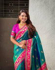 Peacock Blue Soft Traditional Silk Saree with Zari Woven Cow Motifs and Pichwai Pallu