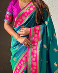Peacock Blue Soft Traditional Silk Saree with Zari Woven Cow Motifs and Pichwai Pallu