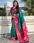 Peacock Blue Soft Traditional Silk Saree with Zari Woven Cow Motifs and Pichwai Pallu