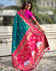 Peacock Blue Soft Traditional Silk Saree with Zari Woven Cow Motifs and Pichwai Pallu