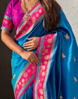 Rama Blue Soft Traditional Silk Saree with Zari Woven Cow Motifs and Pichwai Pallu