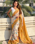 Gold Tussar Silk Floral Kalamkari Printed Saree with Zari Woven Border