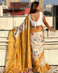 Gold Tussar Silk Floral Kalamkari Printed Saree with Zari Woven Border